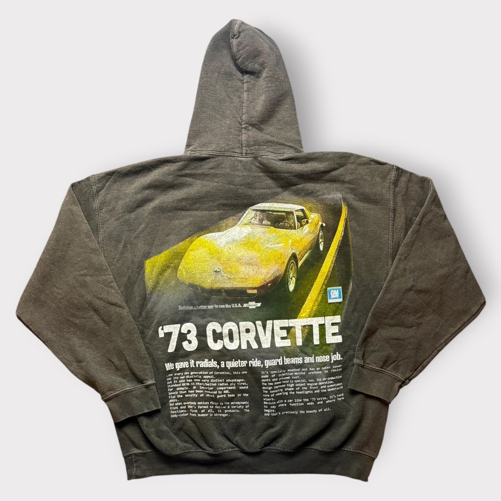 GM Official Licensed 73 Corvette Graphic Hoodie Charcoal Grey‎ Mens Medium